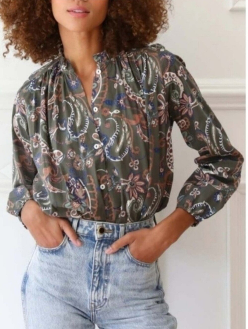Mille Francesca Top La Marais Print Button Front Boho Womens XS